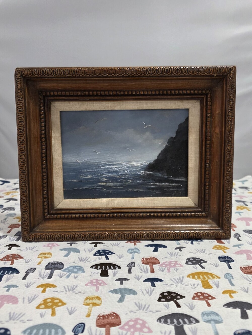 Vintage Wood-Framed Seascape Painting in Blue and Brown
